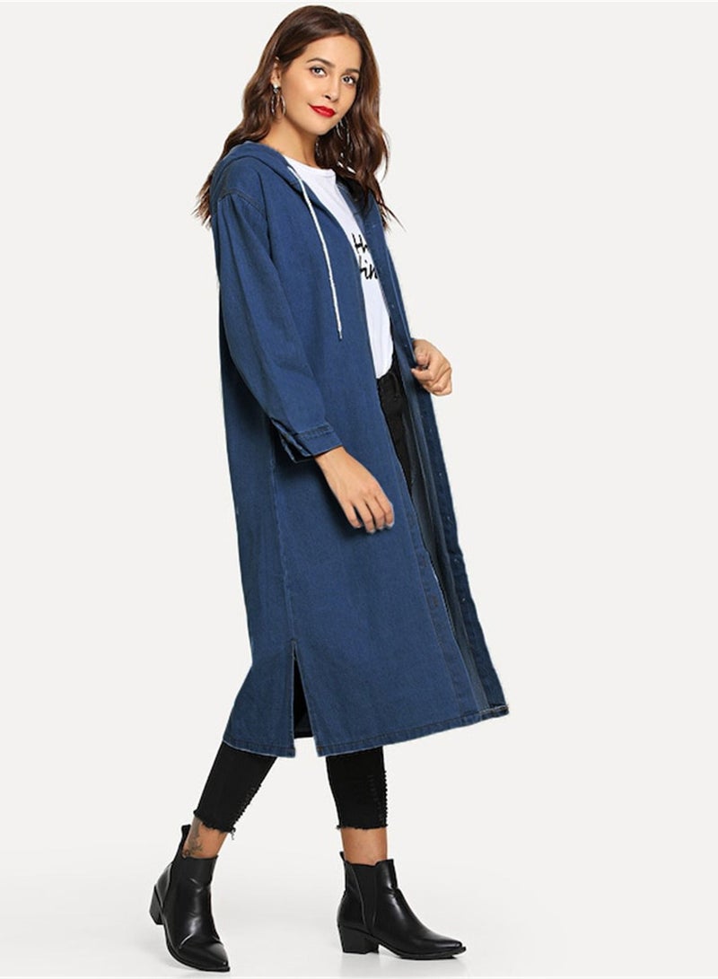Loquat Hooded drawstring mid length denim trench coat for women Darkblue  - Image 1