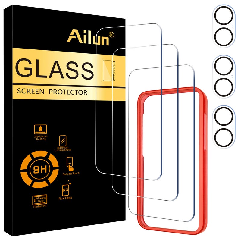 Ailun 3 Pack Screen Protector for iPhone 16 [6.1 inch] + 3 Pack Camera Lens Protector with Installation Frame,Case Friendly Tempered Glass Film,[9H Hardness][Not for iPhone 16e/16 Pro/Plus/Pro Max] - Image 1
