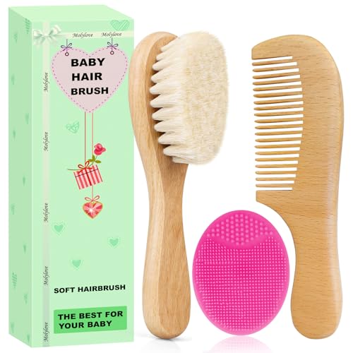 Molylove Baby Hair Brush with Wooden Handle and Comb Set for Newborns Toddlers Natural Soft Goat Bristles l Wood Comb l Rose Red Cradle Cap Brush Ideal for Cradle Cap 3 Piece - Image 1