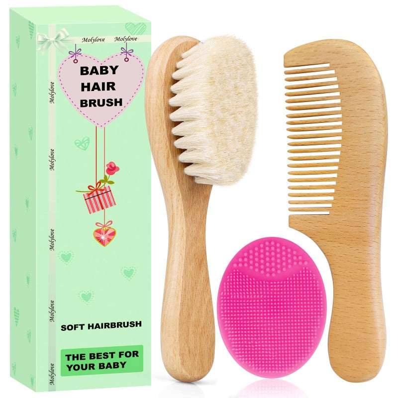 Molylove Baby Hair Brush with Wooden Handle and Comb Set for Newborns Toddlers Natural Soft Goat Bristles l Wood Comb l Rose Red Cradle Cap Brush Ideal for Cradle Cap 3 Piece - Image 3