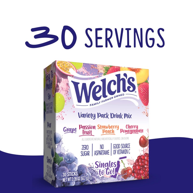 SINGLES TO GO! Welch's Singles To Go Variety Pack, Watertok Powdered Drink Mix, Includes 4 Flavors, Grape, Passion fruit, Strawberry Peach, Cherry Pomegranate, 1 Box (30 Servings) - Image 4