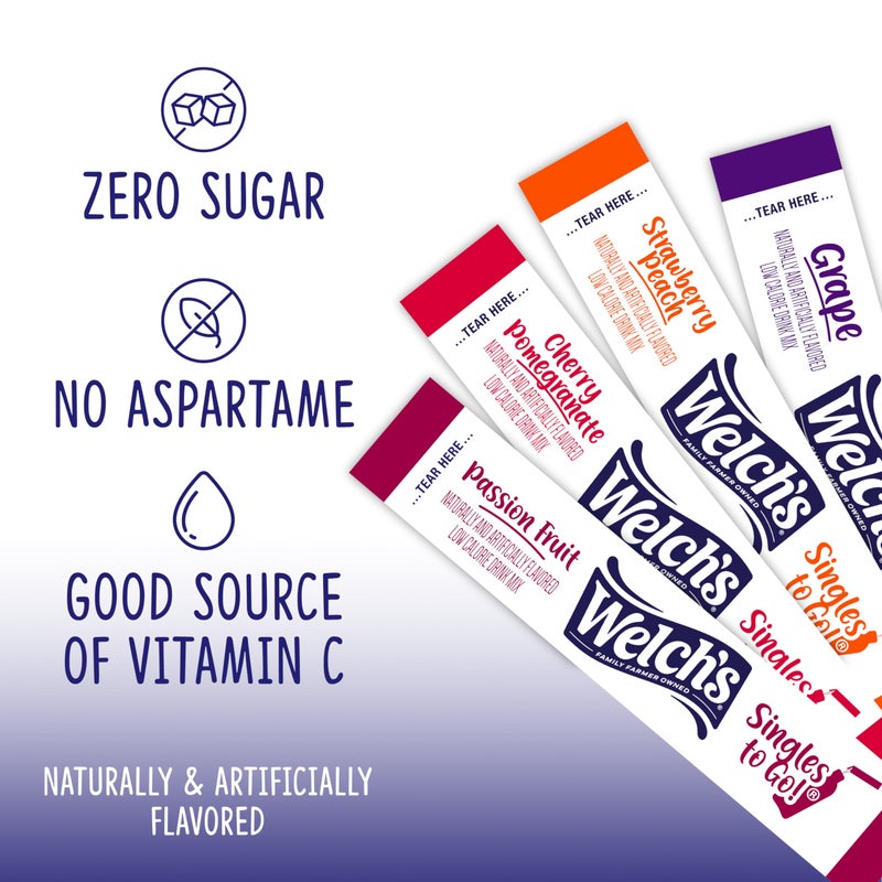 SINGLES TO GO! Welch's Singles To Go Variety Pack, Watertok Powdered Drink Mix, Includes 4 Flavors, Grape, Passion fruit, Strawberry Peach, Cherry Pomegranate, 1 Box (30 Servings) - Image 3