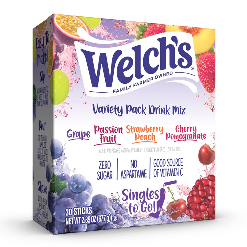 SINGLES TO GO! Welch's Singles To Go Variety Pack, Watertok Powdered Drink Mix, Includes 4 Flavors, Grape, Passion fruit, Strawberry Peach, Cherry Pomegranate, 1 Box (30 Servings) - Image 1