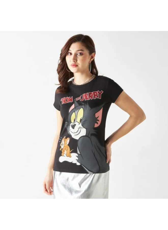 SP Characters Tom and Jerry Print Round Neck T-shirt with Short Sleeves