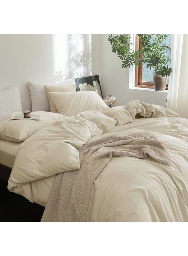 FOSSA Duvet Cover Set 100% Washed Cotton Linen Feel Super Soft Breathable Cozy 3 Pieces Bedding Sets Solid Almond Grey King - Image 2