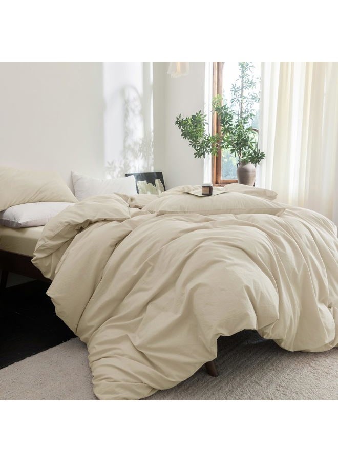 FOSSA Duvet Cover Set 100% Washed Cotton Linen Feel Super Soft Breathable Cozy 3 Pieces Bedding Sets Solid Almond Grey King - Image 5