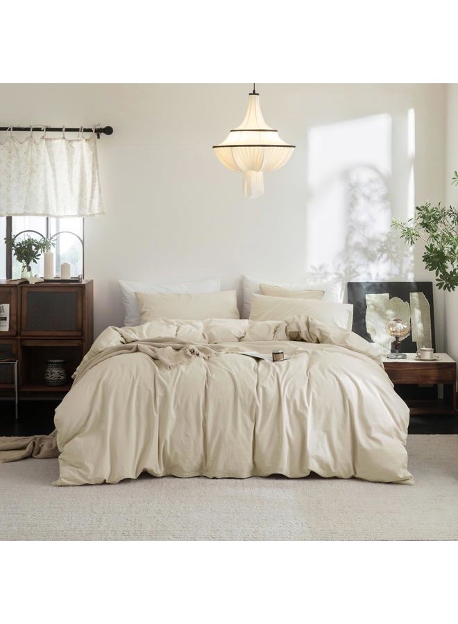 FOSSA Duvet Cover Set 100% Washed Cotton Linen Feel Super Soft Breathable Cozy 3 Pieces Bedding Sets Solid Almond Grey King - Image 1