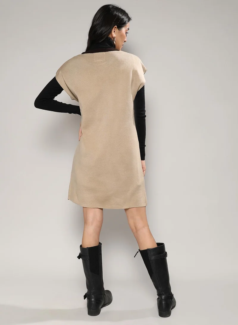 Campus Sutra Women's Beige Sweater Shift Dress