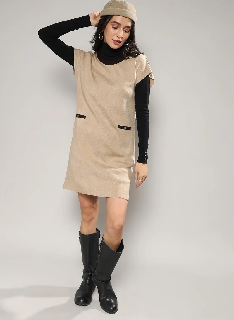Campus Sutra Women's Beige Sweater Shift Dress