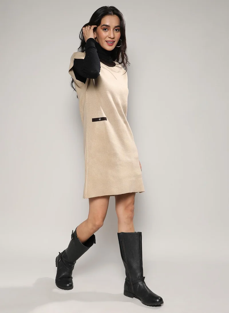 Campus Sutra Women's Beige Sweater Shift Dress
