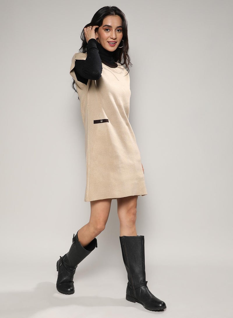 Campus Sutra Women's Beige Sweater Shift Dress  - Image 3