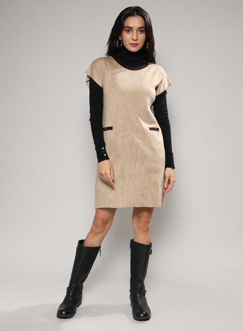 Campus Sutra Women's Beige Sweater Shift Dress  - Image 2