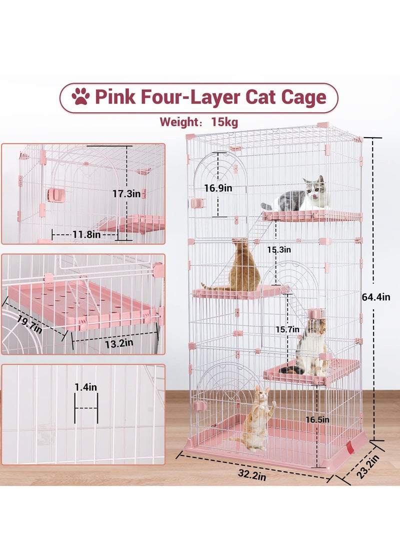 XiuWoo 4-Tier Wire Cat Cage Playpen Kennel, 163cm Cat Catios Large Space for 1-3 Cats, Pink Cat Crate with 3 Platforms 3 Front Doors 1 Ramp Ladders, No Litter Box, pink  - Image 2
