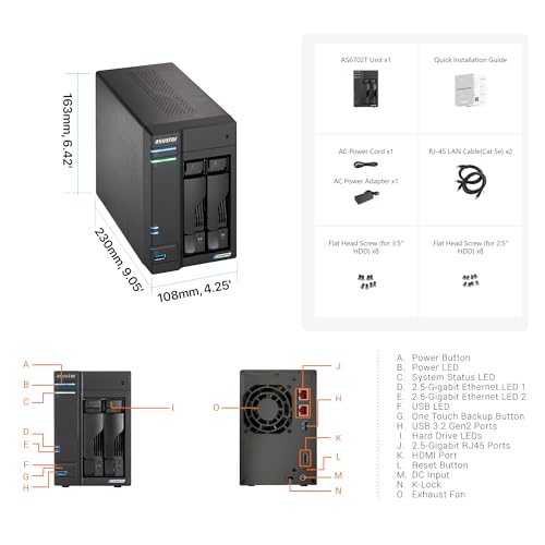 Asustor Lockerstor 2 Gen2 AS6702T - 2 Bay NAS, Quad-Core 2.0 GHz CPU, 4x M.2 NVMe slots (PCIe 3.0), Dual 2.5GbE, 4GB DDR4 RAM, Network Attached Storage (Diskless) - Image 3