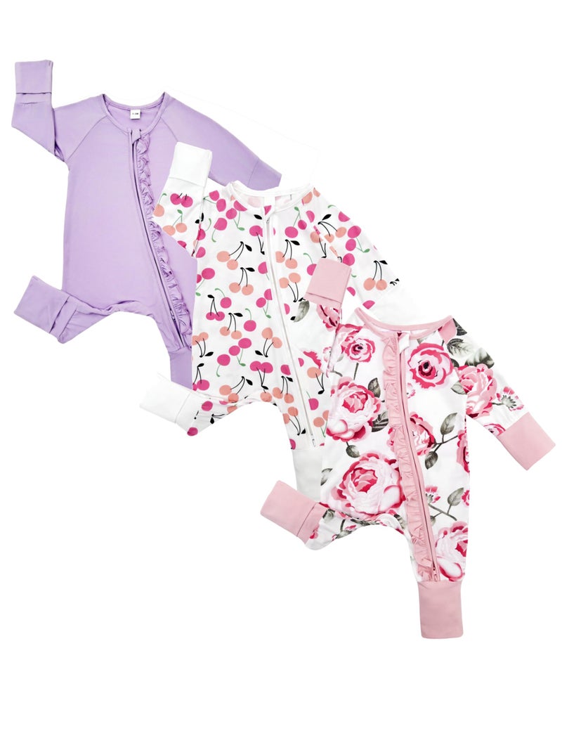 Bow Dream Baby Girl Clothing Footies Bamboo Rayon Baby Girl Clothes Baby Romper Jumpsuit Newborn-24 Months Pink Flower Cherry 1-3 Months - Image 1