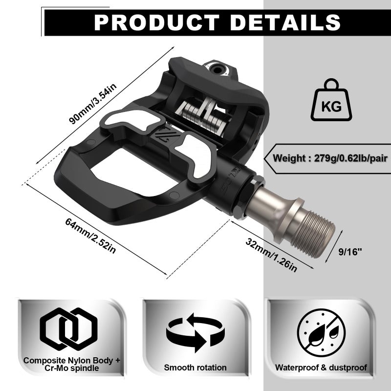 Bucklos KEO Pedals for Road Bike - Compatible with Look Keo Bicycle Clip Sealed Bearing Nylon/Carbon Ultegra Clipless Pedals for Indoor Cycling (9/16") - Image 2