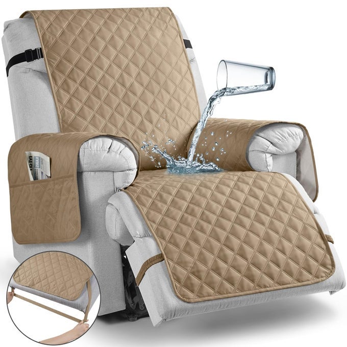 NONSLIP RECLINER CHAIR COVER SOFA SLIPCOVER PET COVER FOR SMALL RECLINER CHAIR WITH ELASTIC STRAPS WASHABLE RECLINING CHAIR COVER RECLINER FURNITURE PROTECTOR 23 SMALL CAMEL