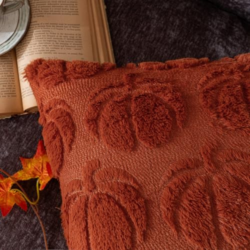 COSIBONO Pumpkin Fall Decorative Throw Pillow Covers 18"x18", Set of 2 Caramel Soft Faux Fur Pillow Covers for Autumn Harvest, Fluffy Plush Accent Pillow Cases for Farmhouse Halloween Decor - Image 3