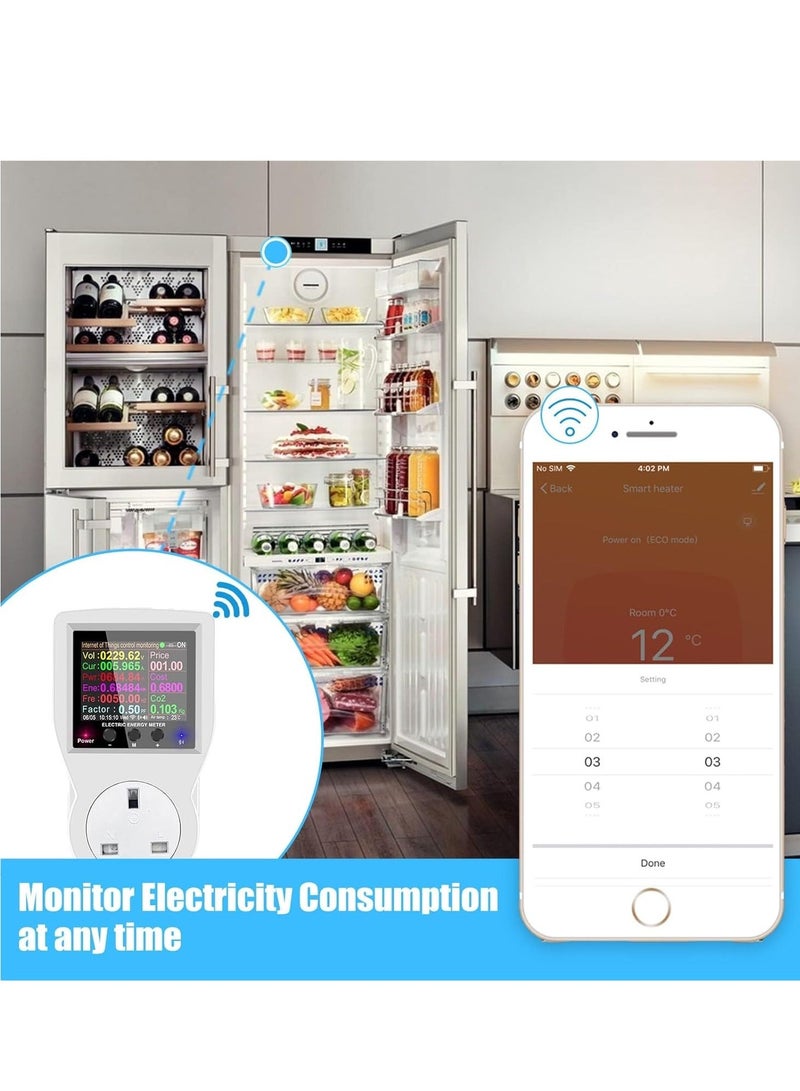 جهاز مراقبة استهلاك الطاقة الذكي، مقياس الطاقة WiFi بقدرة 3680 واط مع شاشة LCD، تحكم عن بُعد في الواط والفولت والأمبير والرطوبة والاستهلاك للأجهزة المنزلية - Image 3