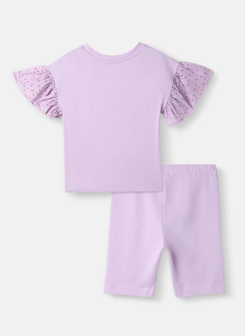 Nautinati Girls’ Cotton Top and Shorts Set |Frozen Print Top | Schiffli Sleeves | Solid Shorts | 2-10 Years