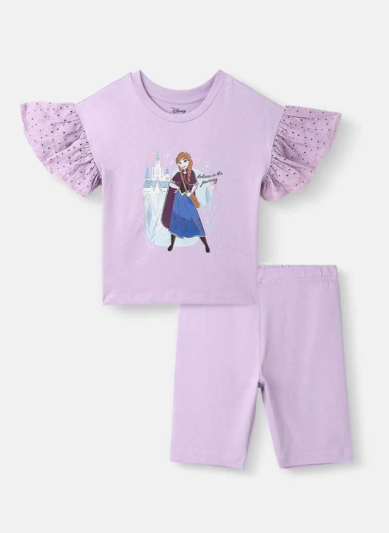 Nautinati Girls’ Cotton Top and Shorts Set |Frozen Print Top | Schiffli Sleeves | Solid Shorts | 2-10 Years