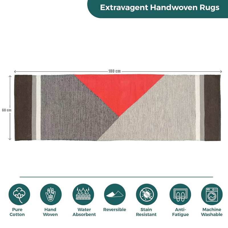 H2H House2Home Cotton Runner/Floor Mat 2x6ft | Suitable as Kitchen Runner, Hallway, Living Room, Bedroom | Geometric Design, Red Color Shade | 60x180