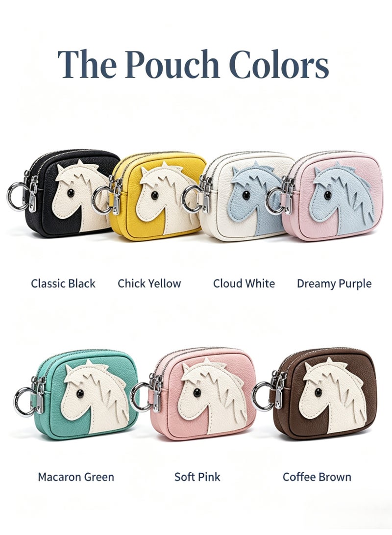 Cloovvie Genuine Leather Coin Purse for Women, Double Zipper Small Change Pouch with Cute Horse Pattern, Portable Mini Wallet Key Holder, Detachable Bag Charm for Tote Bag Decoration - Image 2