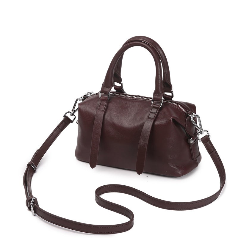 Womens Vintage Single Shoulder Boston Bag Full Leather Crossbody Bag Commute To Work Handbag Genuine Cow Leather Top Layer Angora red 