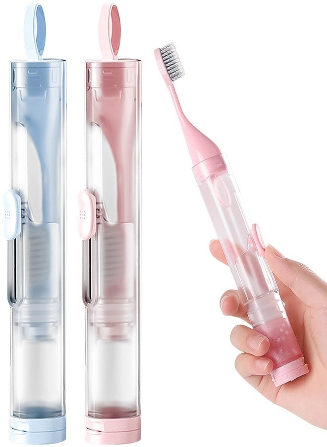 First-zgel 2 Pcs Travel Toothbrush Kit Fold Built-in Set, Soft Bristles for Travel Camping School Business Trip Essential (Blue, Pink) - Image 1