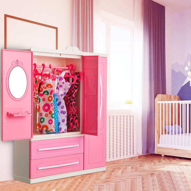 Skylety Doll Closet Furniture Wardrobe Clothing Organizer Doll Open Wardrobe Dollhouse Closet with 20 Pieces Hangers 2 Style Pink Plastic Hangers Dollhouse Furniture Accessories(Classic Style) - Image 4