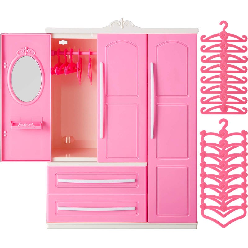 Skylety Doll Closet Furniture Wardrobe Clothing Organizer Doll Open Wardrobe Dollhouse Closet with 20 Pieces Hangers 2 Style Pink Plastic Hangers Dollhouse Furniture Accessories(Classic Style) - Image 1