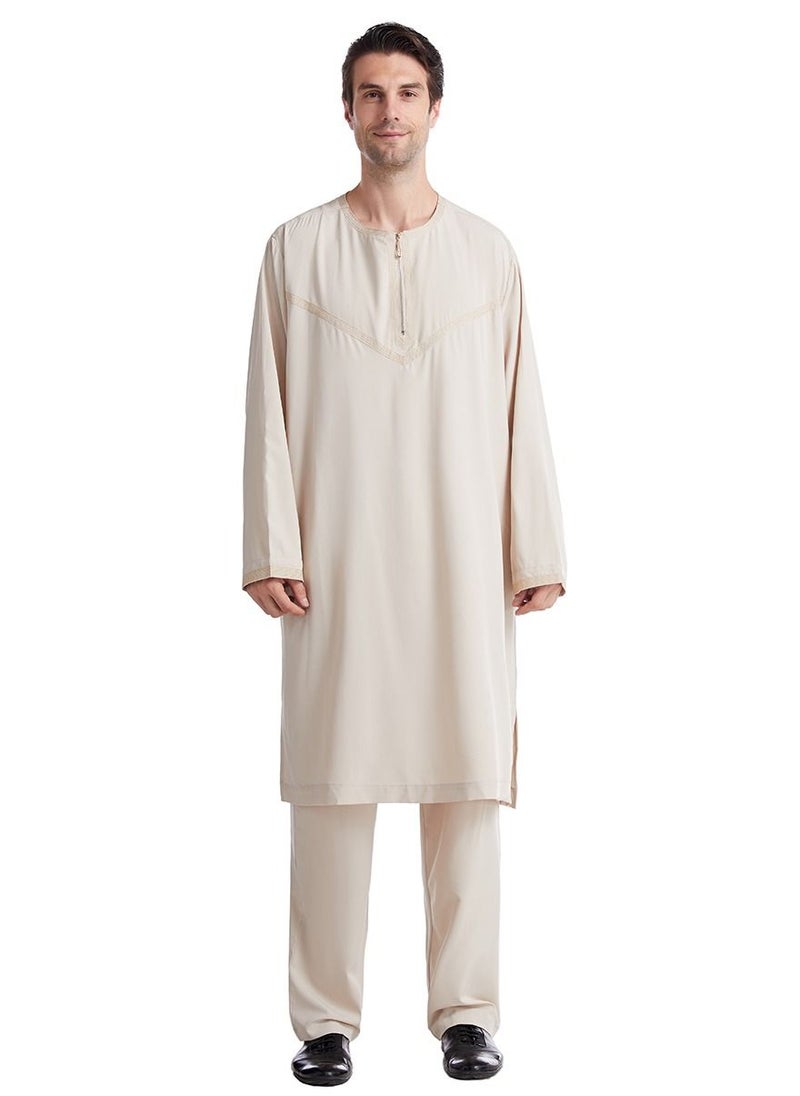 Loquat - Men's Muslim Arab Long Sleeve Kaftan Set Middle Eastern Kandora Thobe Thawb Suit Beige - Image 1