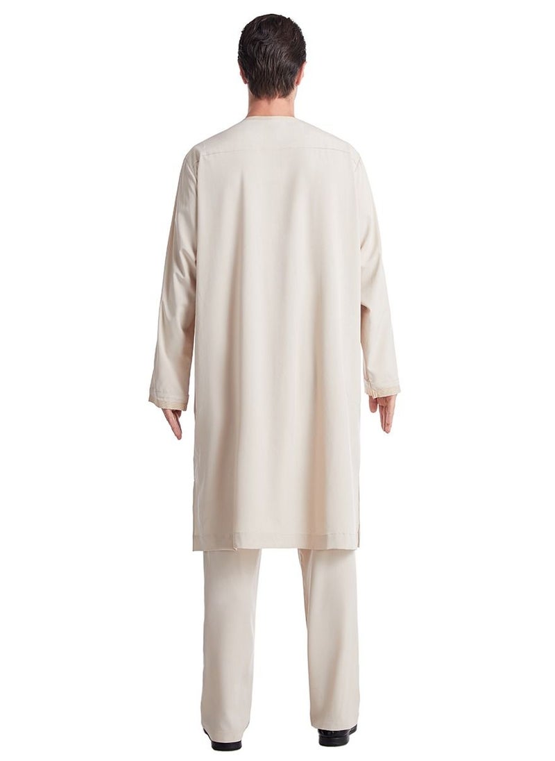 Loquat - Men's Muslim Arab Long Sleeve Kaftan Set Middle Eastern Kandora Thobe Thawb Suit Beige - Image 1