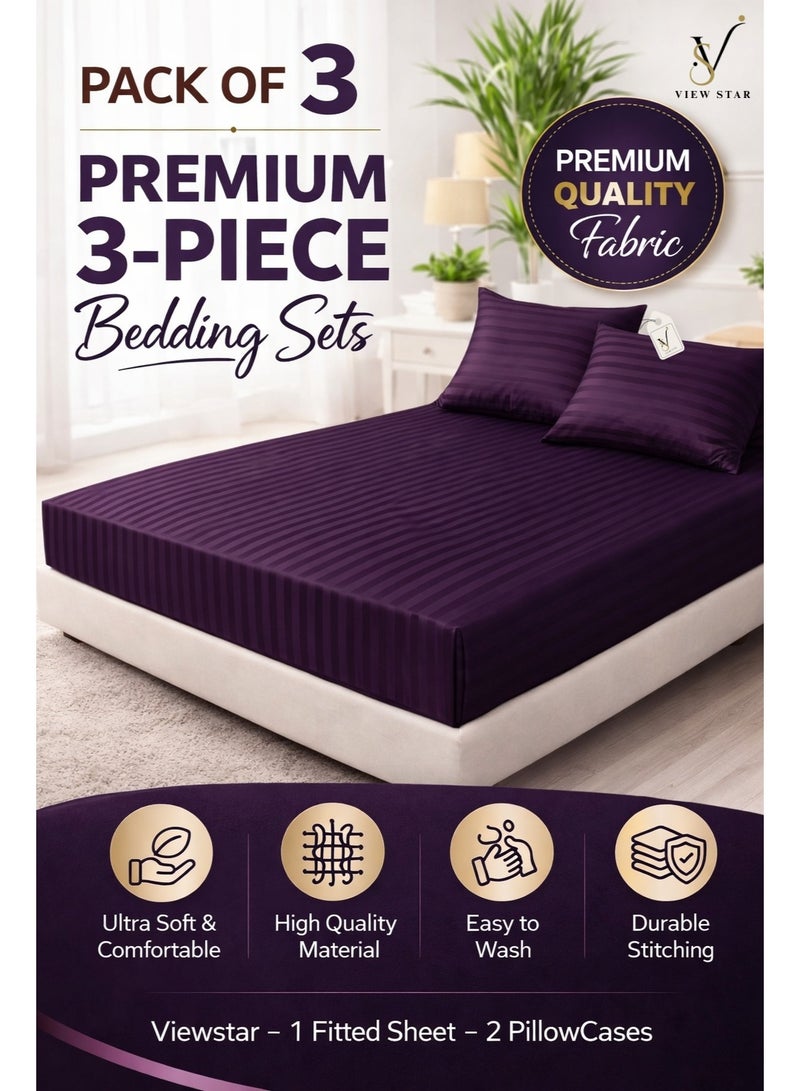 فيوستار طقم ملاءات سرير مخططة باللون الأرجواني مكون من 3 قطع مع غطاءين للوسائد، مفروشات ناعمة تسمح بمرور الهواء - Image 1