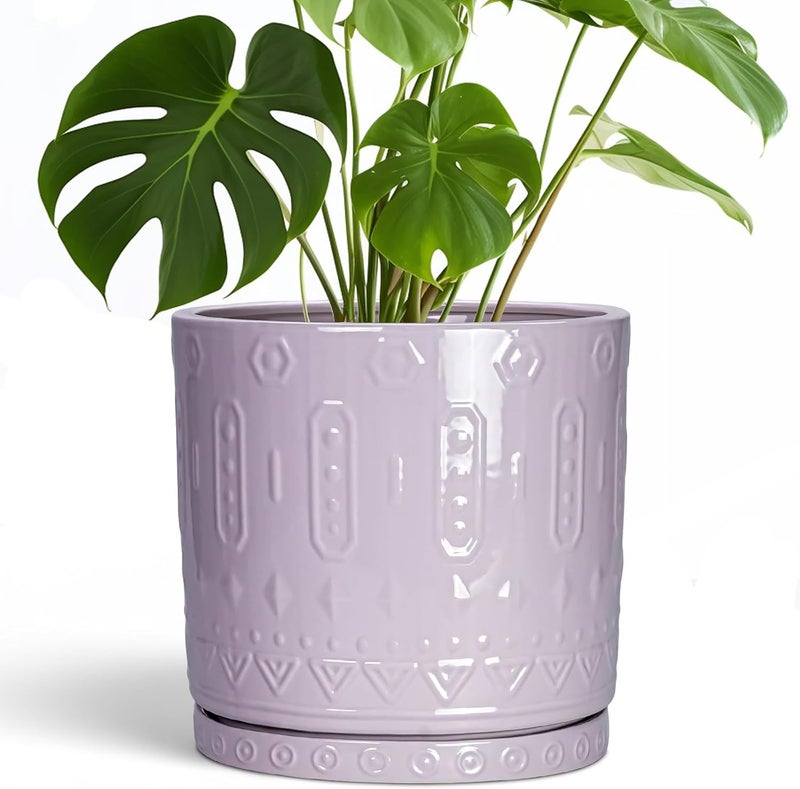 Eightpot 10 Inch Ceramic Planter Pot Plant Pot with Drainage Hole and Saucer, Round Large Flower Pot for Indoor Plants Outdoor Garden Planter Pot, Purple - Image 1