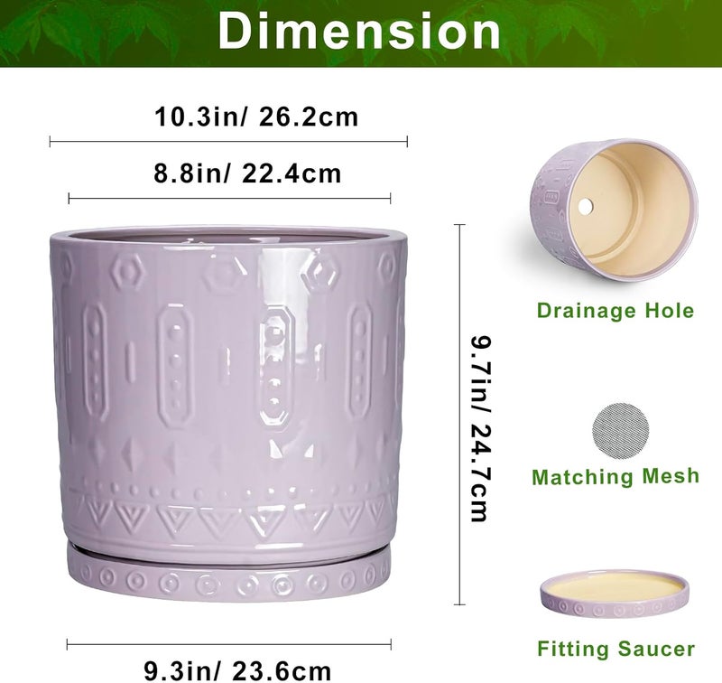 Eightpot 10 Inch Ceramic Planter Pot Plant Pot with Drainage Hole and Saucer, Round Large Flower Pot for Indoor Plants Outdoor Garden Planter Pot, Purple - Image 2