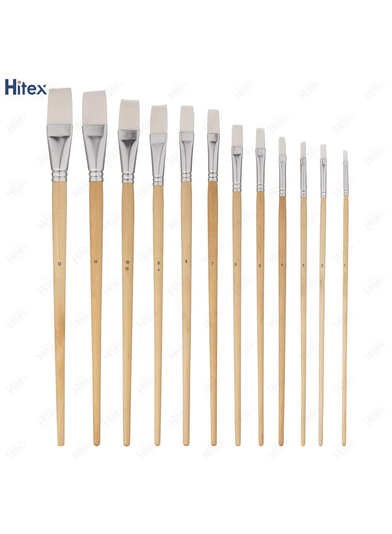 Hitex 12 PC Art Painting Flat Paint Brush Set with Long Wood Handle for Acrylic, Watercolour Gouache Hobbycraft Face Painting and All Media - Image 2