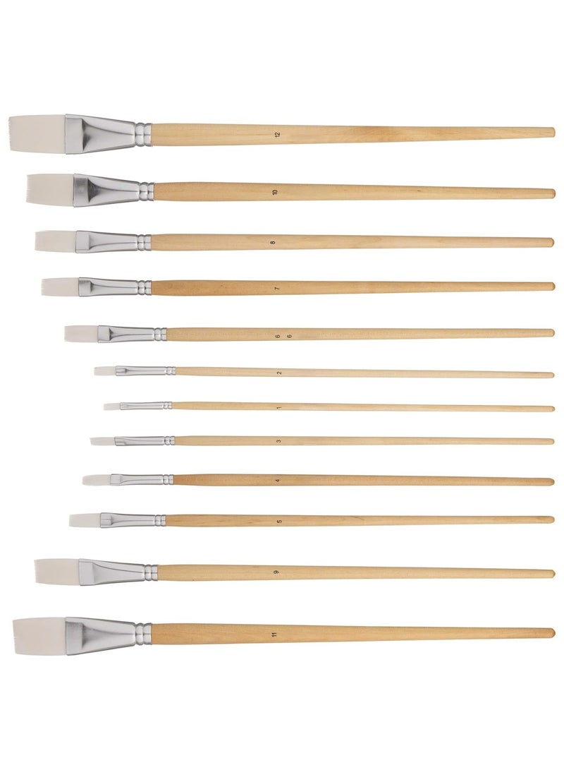 Hitex 12 PC Art Painting Flat Paint Brush Set with Long Wood Handle for Acrylic, Watercolour Gouache Hobbycraft Face Painting and All Media - Image 1