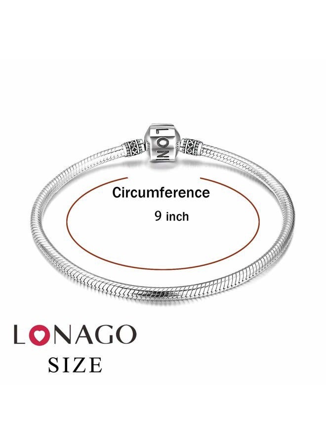 LONAGO Genuine Charm Bracelet 925 Sterling Silver Snake Chain Bangle Barrel Clasp Jewelry Fit Charm Birthday Gift for Women, 9 inch, Metal, Cubic Zirconia - Image 2
