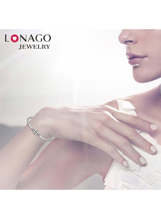 LONAGO Genuine Charm Bracelet 925 Sterling Silver Snake Chain Bangle Barrel Clasp Jewelry Fit Charm Birthday Gift for Women, 9 inch, Metal, Cubic Zirconia - Image 5