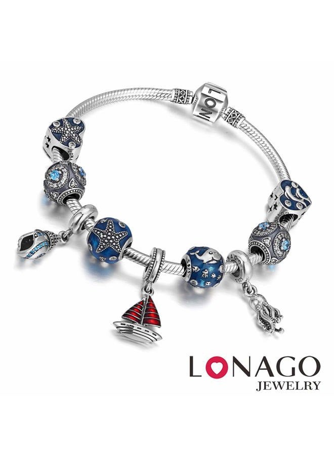 LONAGO Genuine Charm Bracelet 925 Sterling Silver Snake Chain Bangle Barrel Clasp Jewelry Fit Charm Birthday Gift for Women, 9 inch, Metal, Cubic Zirconia - Image 4