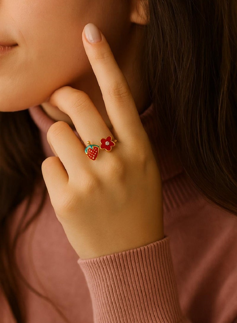 MANIKAN Strawberry and Flower Ring, Gold Plated, Red Enamel with Crystal Accent - Image 1