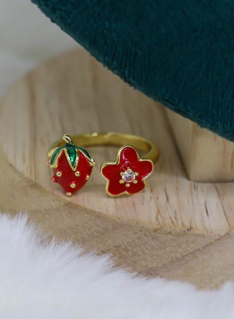 MANIKAN Strawberry and Flower Ring, Gold Plated, Red Enamel with Crystal Accent - Image 2