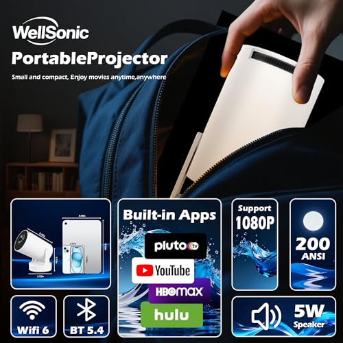 WellSonic Mini Projector with Wifi and Bluetooth, 1080P Portable Projector with 5W Speaker, Auto Vertical Keystone&180 Rotatable, 200Ansi Moive Proyector for Outdoor Bedroom - Image 2