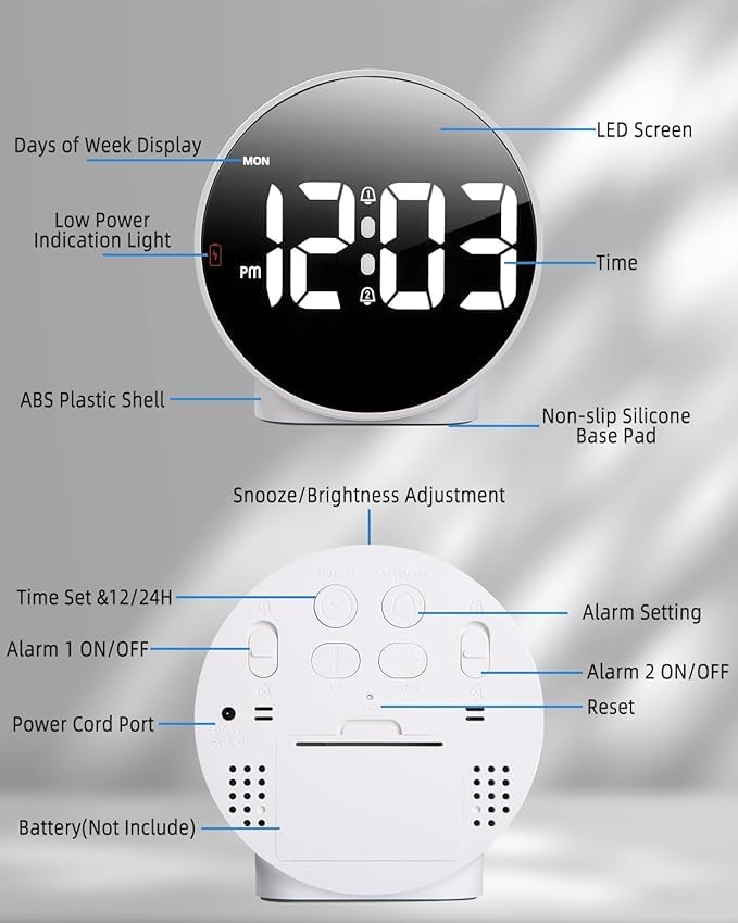 AMPLIN Digital Alarm Clock HD LED Display Digital Alarm Clock Simple Table Clock Electronic Desk Clock Dual Alarms 1224Hr 4 Adjustable Brightness for Bedroom Office Table Pack of 1 WHITE - Image 5