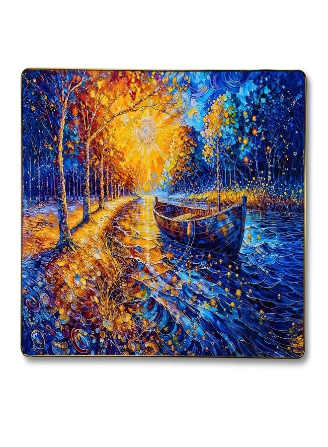 Reyal Resin Art Riverside Boat 3D Crystal Embedded High Gloss Wall Painting, Golden Slim Frame, 61x46 Cm (18x24 Inch) Wall Art for Living Room, Bedroom, Office & Home Décor (RIVERSIDE BOAT) - Image 1