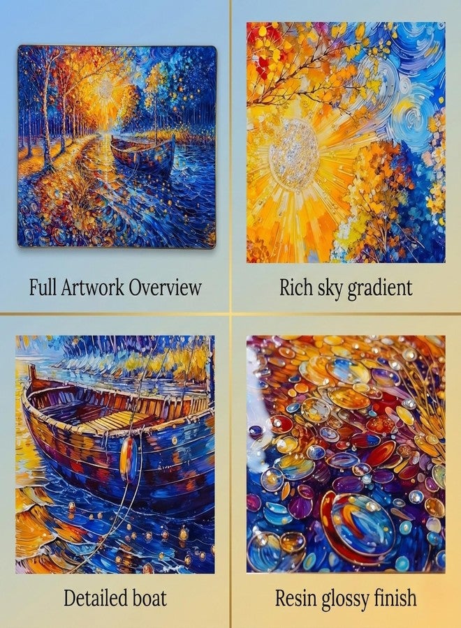 Reyal Resin Art Riverside Boat 3D Crystal Embedded High Gloss Wall Painting, Golden Slim Frame, 61x46 Cm (18x24 Inch) Wall Art for Living Room, Bedroom, Office & Home Décor (RIVERSIDE BOAT) - Image 4