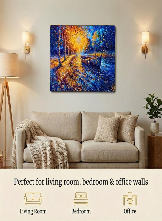 Reyal Resin Art Riverside Boat 3D Crystal Embedded High Gloss Wall Painting, Golden Slim Frame, 61x46 Cm (18x24 Inch) Wall Art for Living Room, Bedroom, Office & Home Décor (RIVERSIDE BOAT) - Image 5