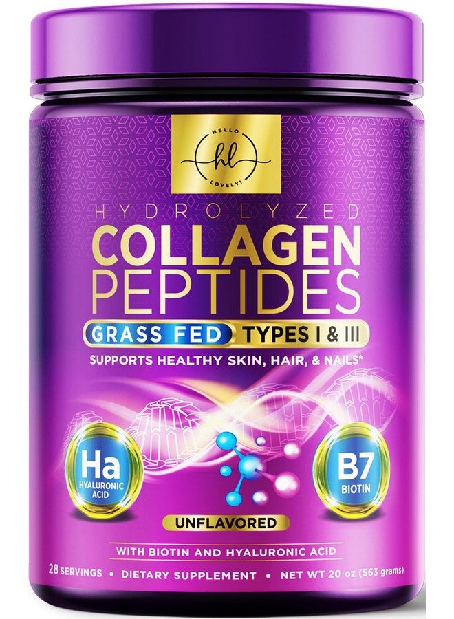 Hello Lovely! Collagen Peptides Powder - Unflavored Grass Fed Collagen Powder Type I & III Collagen Supplements with Hyaluronic Acid & Biotin - Women's Hair, Nail, Skin, Bones & Joint Health Support - 28 Servings - Image 1