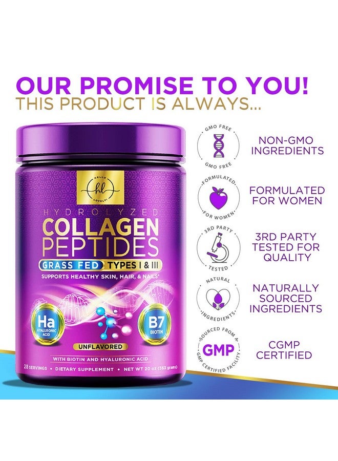 Hello Lovely! Collagen Peptides Powder - Unflavored Grass Fed Collagen Powder Type I & III Collagen Supplements with Hyaluronic Acid & Biotin - Women's Hair, Nail, Skin, Bones & Joint Health Support - 28 Servings - Image 4